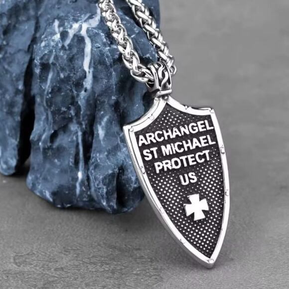 Stainless Steel Archangel Saint Michael Necklace Vintage Fashion Cross & Shield